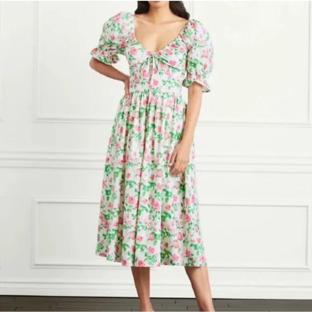 Hill House The Ophelia Dress White & Green W/Pink Roses Medium